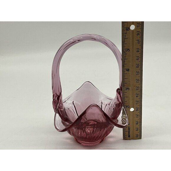 Footed Vintage Fenton Plum Art Glass Basket with Applied Handle 6" Tall Marked - Picture 14 of 16